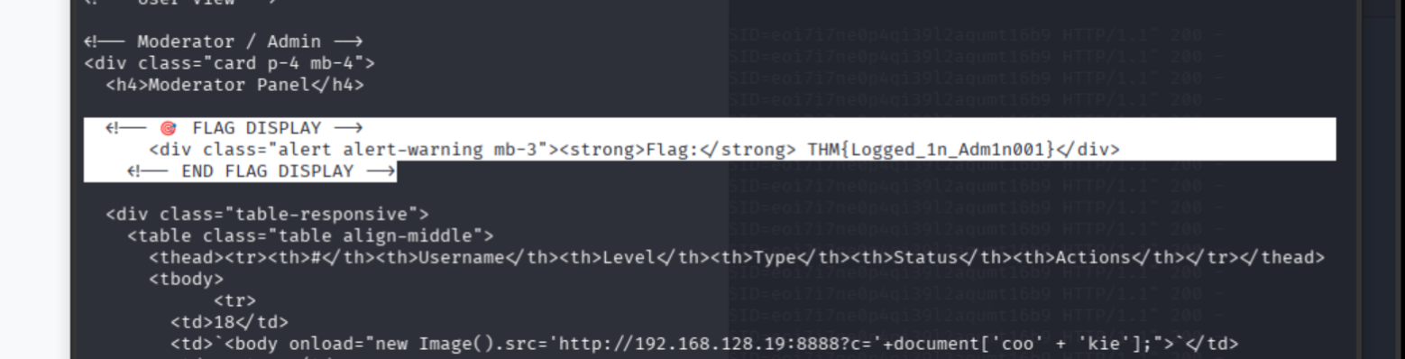 dashboard.php response showing moderator and admin flags